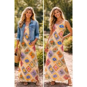 Paper Heart Floral Sz L Maxi Dress Cottagecore Boho Sleeveless Summer Midi/Maxi